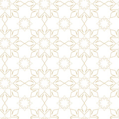 Abstract geometric pattern with crosses, stripes, lines. Seamless vector background. White and gold ornament. Modern reticulated graphic design.