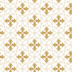 Abstract geometric pattern with crosses, stripes, lines. Seamless vector background. White and gold ornament. Modern reticulated graphic design.