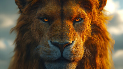 Fototapeta premium Close-up of Lion Face with Golden Fur and Intense Eyes - Realistic Digital Art