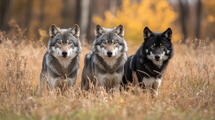 Three wolves stand silhouetted in tall grass, a striking contrast against a blurred woodland backdrop