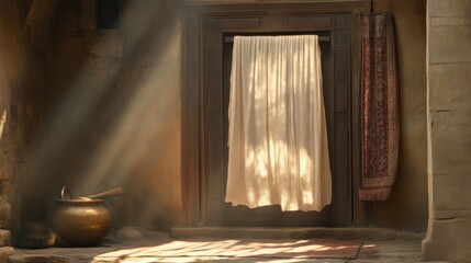 Sunlit doorway, rustic interior