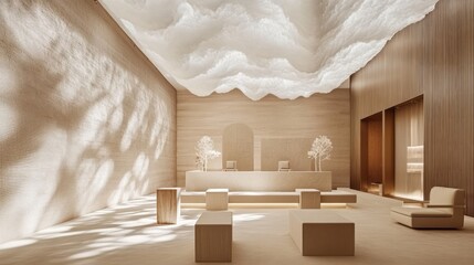 Serene lobby, cloud ceiling, sunlight, minimalist design, waiting area