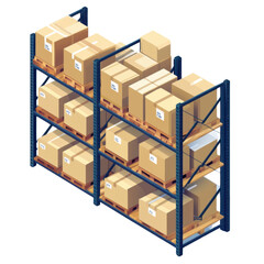 isometric 3d warehouse shelves filled with packages, png illustration on transparent background