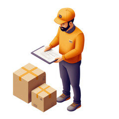 isometric 3d courier checking delivery address list, png illustration on transparent background
