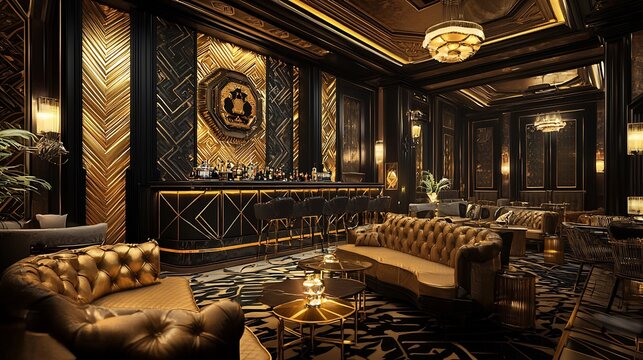 Opulent Art Deco lounge featuring luxurious gold and black decor intricate geometric patterns and vintage inspired furniture Elegant lighting creates a warm ambiance reflecting the 1920s Gatsby era