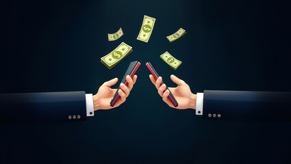 Digital Money Transfer Between Smartphones with Floating Dollar Bills.