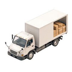 isometric 3d logistics truck with back door open and boxes, png illustration on transparent background