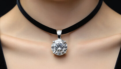 stunning silver pendant necklace featuring large round diamond like stone, elegantly displayed on black velvet choker. piece exudes sophistication and glamour, perfect for special occasions