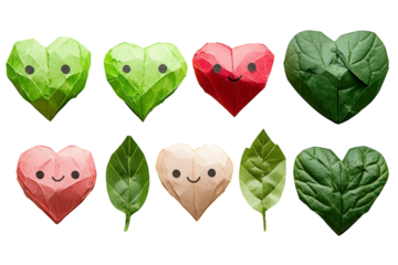 Colorful Origami Heart Shapes with Smiling Faces and Green Leaves for Creative and Whimsical Design Projects
