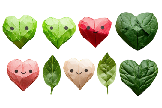 Colorful Origami Heart Shapes with Smiling Faces and Green Leaves for Creative and Whimsical Design Projects