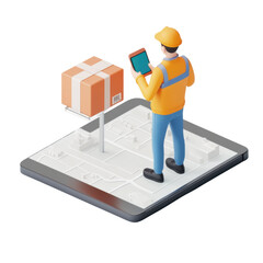 isometric 3d person tracking a package on a mobile phone, png illustration on transparent background