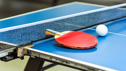 Ping Pong Paddle and Ball on Table Tennis Net