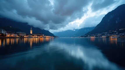 Lake Lucerne in Switzerland on a cloudy night, viewed from the shore. Dark waters reflect city lights, while misty clouds hover above the distant mountains.