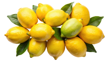 A Collection of Freshly Picked Lemons with Lush Green Leaves