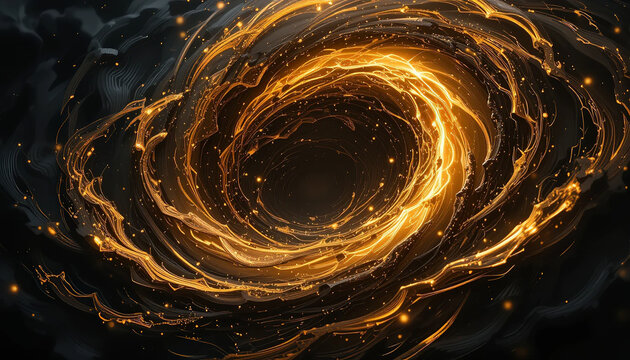 Abstract swirling vortex with golden light, creating mesmerizing cosmic effect. dynamic movement and glowing particles evoke sense of wonder and mystery