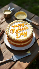 Artisanal cake with "Happy Mother's Day" buttercream script takes center stage among rustic baking tools and ingredients.