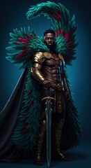 Fototapeta premium Majestic Warrior: A Digital Painting of a Powerful Black Male Warrior Adorned in Ornate Armor and Feather Cloak, Holding a Sword Against a Deep Blue Background.