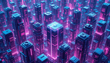 Obraz premium Futuristic cityscape with towering skyscrapers illuminated by vibrant pink and blue lights, creating mesmerizing digital atmosphere. intricate design showcases advanced technology and innovation