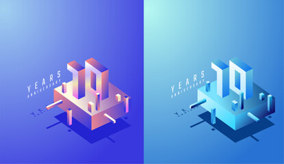 3D Isometric Anniversary Design 10th, 10th Years Anniversary in Colourful Gradient. Tech, Futuristic and Modern concept.