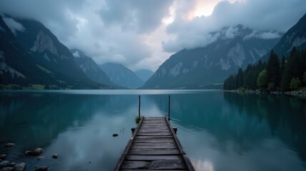 Aerial view of Lake Oeschinen at dusk in rainy conditions. The wet mountain landscape glistens under dim light, as the rain-darkened lake blends into the misty horizon.