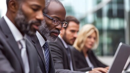 Fototapeta premium Focused Business Professionals Working on Laptops Outdoors