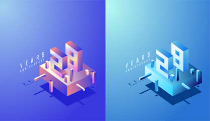 3D Isometric Anniversary Design 28th, 28th Years Anniversary in Colourful Gradient. Tech, Futuristic and Modern concept.
