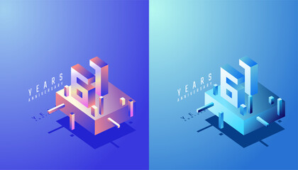 3D Isometric Anniversary Design 61th, 61th Years Anniversary in Colourful Gradient. Tech, Futuristic and Modern concept.