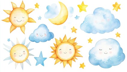 Watercolor cartoon clouds, sun, and moon clip art set on a white background,