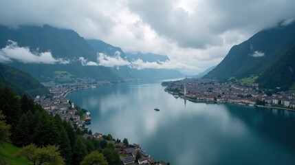 Naklejka premium Aerial shot of Lake Lucerne at dawn, cloudy skies casting a muted light over the lake. The misty, serene atmosphere enhances this professional high-quality landscape photograph.