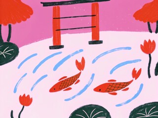 A hand-drawn Japanese koi pond with lotus flowers, rippling water, and crimson koi fish, using ink washes and vibrant red accents