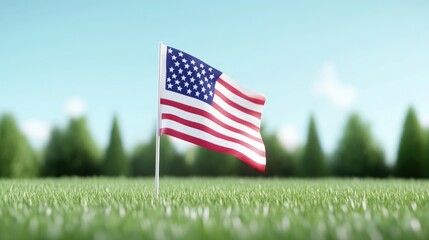American flag waving in a grassy field