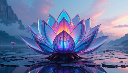 stunning digital lotus flower emerges from tranquil water surface, showcasing vibrant colors and intricate petal designs. serene landscape in background enhances peaceful atmosphere