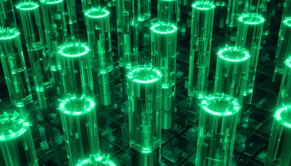 Futuristic green glowing cylinders create mesmerizing pattern, showcasing advanced technology and innovation. vibrant illumination highlights intricate design and structure, evoking sense