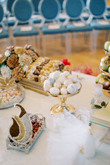 Wedding delicacies, fruits and nuts are placed in vases on the table near the holy book. Tradition of Sofreh Aghd