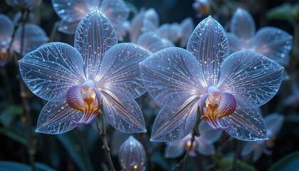 Beautiful orchids with intricate patterns and glowing details create mesmerizing display, showcasing nature elegance and charm in serene environment