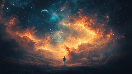 Fototapeta premium A futuristic astronaut, floating in the vast expanse of space, gazing at a distant planet, their visor reflecting a breathtaking nebula of swirling cosmic dust. 
