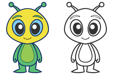 Cute Yellow Head Green Body Alien Cartoon Character Illustration,Outline Drawing