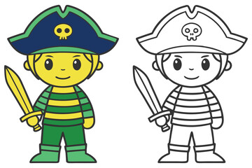 Cartoon Pirate Boy Holding Sword with Hat and Skull Outline