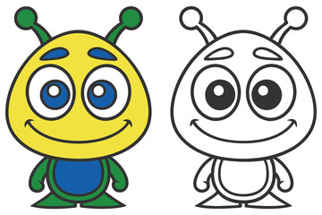 Cartoon Alien Character with Outlines, Big Eyes, Yellow Body on Transparent Background