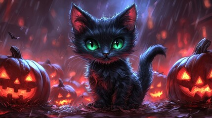 A magical pumpkin patch at midnight, where glowing jack-o'-lanterns cast an eerie but inviting light, and a mischievous black cat with glowing green eyes watches from the shadows. 