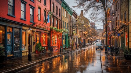 Fototapeta premium Rainy Evening in Colorful Downtown with Lights and Reflections