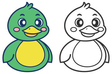Cartoon Green Duck with Yellow Belly and Monochrome Duck on White Background