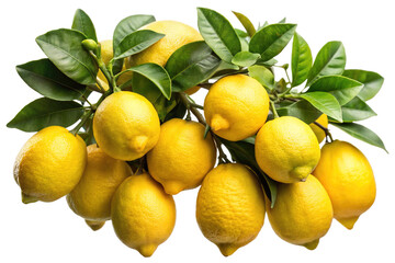 A branch of ripe yellow lemons with lush green leaves isolated on white background showing fresh citrus fruit harvest