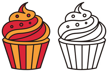 Two Cupcakes with Colorful and Outline Versions on White