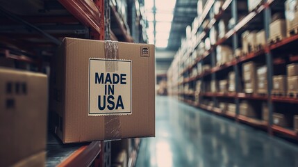 Warehouse filled with storage shelves and a box marked as made in USA in focus during the day