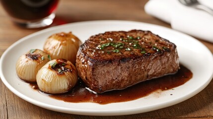 Seared steak perfection. Rich marbling, caramelized onions, and a glass of red wine create a delicious, inviting scene