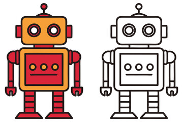 Fototapeta premium Two Robots Art Retro Style, Orange and Red Cartoon Robot, Outline