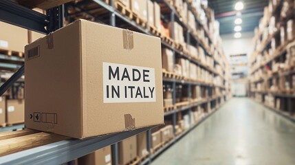 Cardboard box labeled made in Italy in a warehouse aisle filled with stacked shelves of products