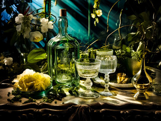 Vintage glass bottle and goblets arranged with white roses and greenery on a rustic table.