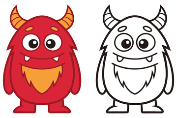 Cartoon Monster with Horns and Fangs, Color and Line Art Isolated on White